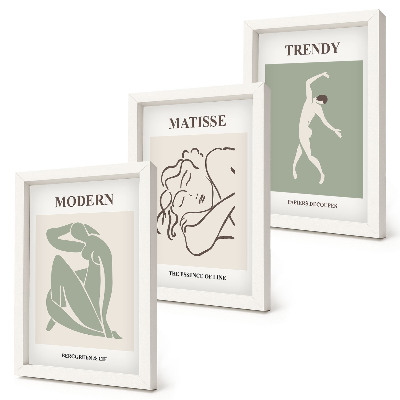 Set van ingelijste schilderijen Stijlvolle personages in minimalistische vormen en kleuren.