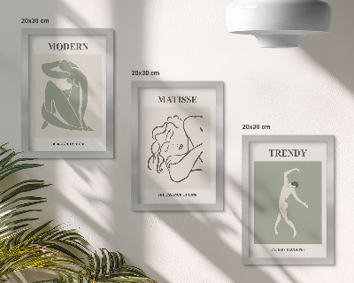 Set van ingelijste schilderijen Stijlvolle personages in minimalistische vormen en kleuren.