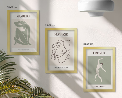 Set van ingelijste schilderijen Stijlvolle personages in minimalistische vormen en kleuren.