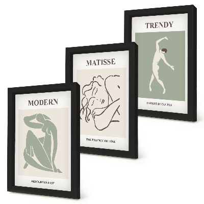 Set van ingelijste schilderijen Stijlvolle personages in minimalistische vormen en kleuren.