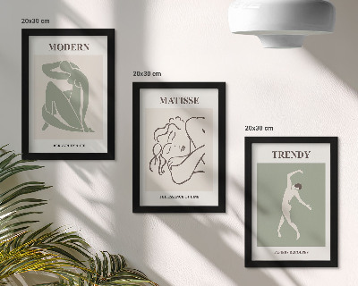 Set van ingelijste schilderijen Stijlvolle personages in minimalistische vormen en kleuren.