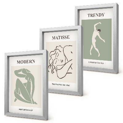 Set van ingelijste schilderijen Stijlvolle personages in minimalistische vormen en kleuren.