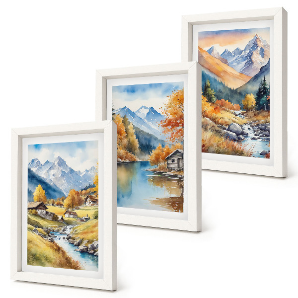 Gallery wall Geschilderde herfstbergen met een rivier en huisjes.