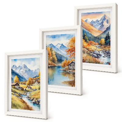 Gallery wall Geschilderde herfstbergen met een rivier en huisjes.