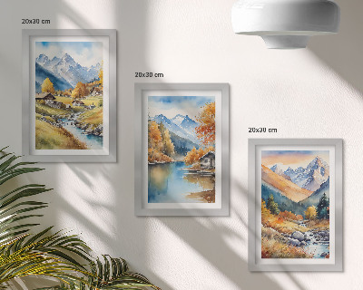 Gallery wall Geschilderde herfstbergen met een rivier en huisjes.