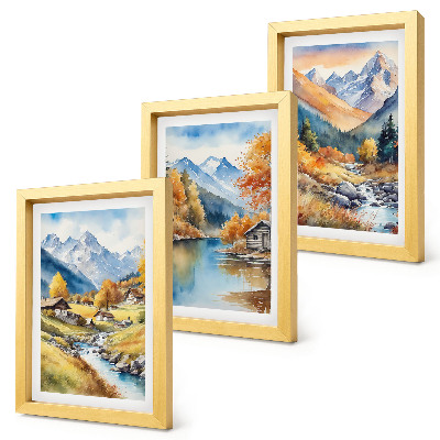 Gallery wall Geschilderde herfstbergen met een rivier en huisjes.