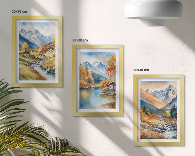 Gallery wall Geschilderde herfstbergen met een rivier en huisjes.