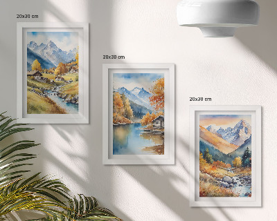 Gallery wall Geschilderde herfstbergen met een rivier en huisjes.