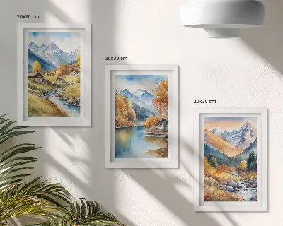 Gallery wall wanddecoratie met geschilderde herfstbergen, een rivier en huisjes