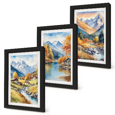 Gallery wall Geschilderde herfstbergen met een rivier en huisjes.