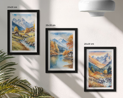 Gallery wall Geschilderde herfstbergen met een rivier en huisjes.