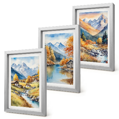 Gallery wall Geschilderde herfstbergen met een rivier en huisjes.