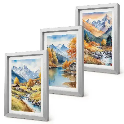 Gallery wall wanddecoratie met geschilderde herfstbergen, een rivier en huisjes