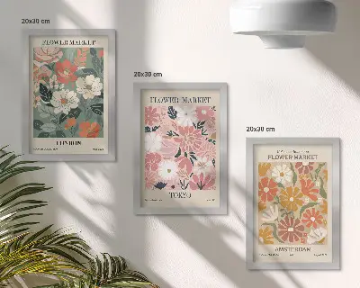 Set ingelijste schilderijen met bloemenpatronen uit Londen, Tokio en Amsterdam