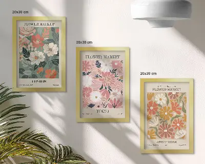 Set ingelijste schilderijen met bloemenpatronen uit Londen, Tokio en Amsterdam