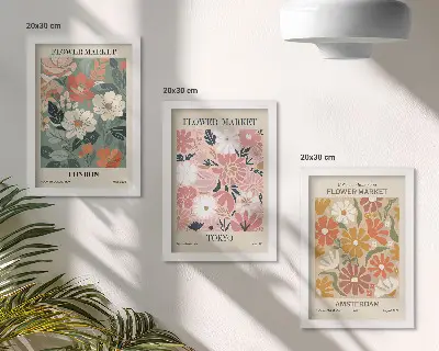 Set ingelijste schilderijen met bloemenpatronen uit Londen, Tokio en Amsterdam