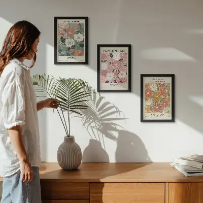 Set ingelijste schilderijen met bloemenpatronen uit Londen, Tokio en Amsterdam