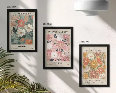 Set ingelijste schilderijen met bloemenpatronen uit Londen, Tokio en Amsterdam