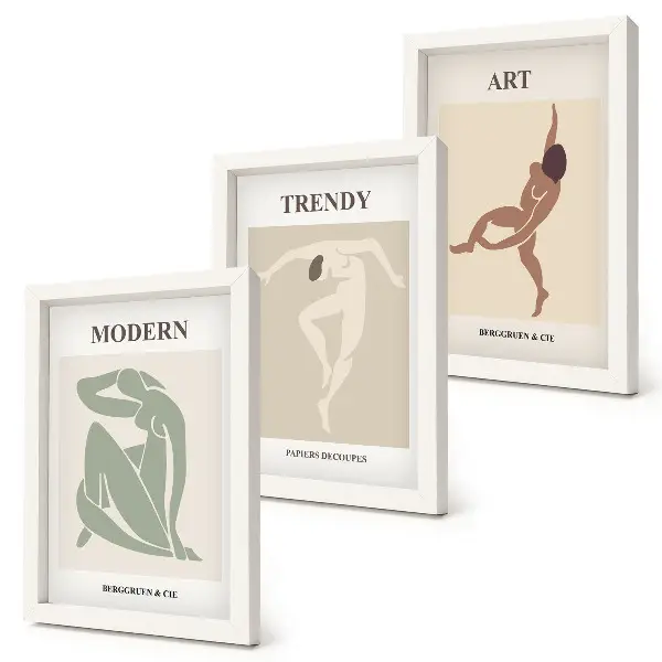 Set ingelijste schilderijen met stijlvolle personages in minimalistische tinten