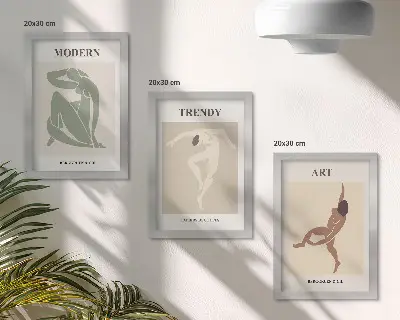Set ingelijste schilderijen met stijlvolle personages in minimalistische tinten