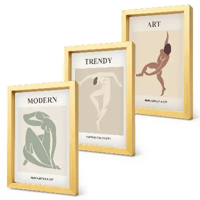 Set ingelijste schilderijen met stijlvolle personages in minimalistische tinten