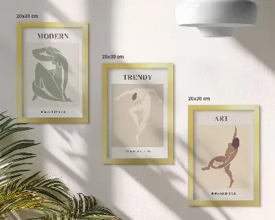 Set ingelijste schilderijen met stijlvolle personages in minimalistische tinten