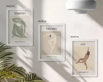 Set ingelijste schilderijen met stijlvolle personages in minimalistische tinten