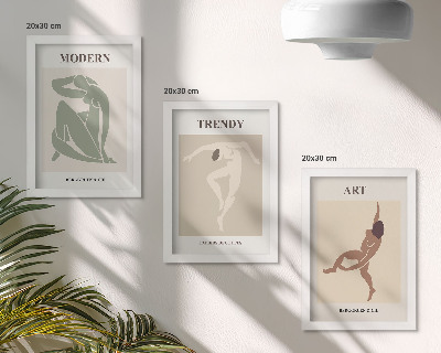Set van ingelijste schilderijen Stijlvolle personages in minimalistische tinten.