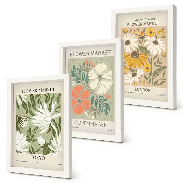 Set van ingelijste schilderijen met bloemmotieven uit verschillende steden over de hele wereld
