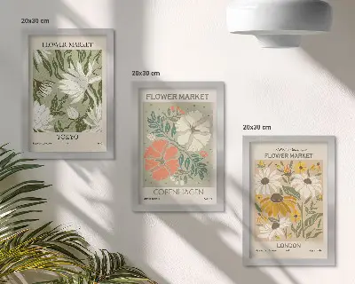 Set van ingelijste schilderijen met bloemmotieven uit verschillende steden over de hele wereld
