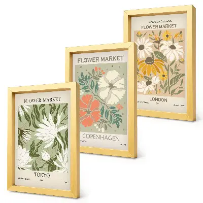 Set van ingelijste schilderijen met bloemmotieven uit verschillende steden over de hele wereld