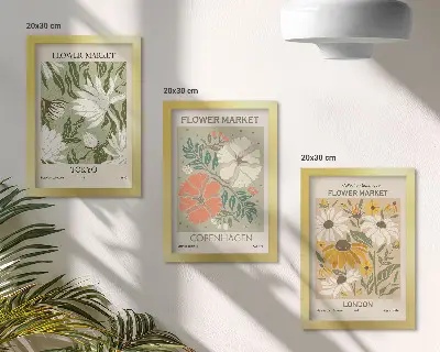 Set van ingelijste schilderijen met bloemmotieven uit verschillende steden over de hele wereld