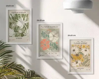 Set van ingelijste schilderijen met bloemmotieven uit verschillende steden over de hele wereld