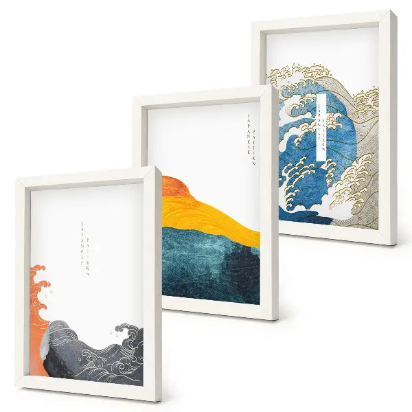 Set van ingelijste schilderijen met golven in Japanse grafische stijl