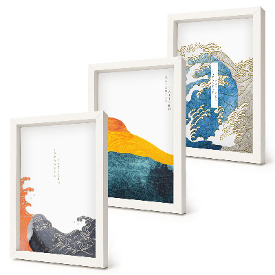 Set van ingelijste schilderijen Golven in Japanse grafische stijl