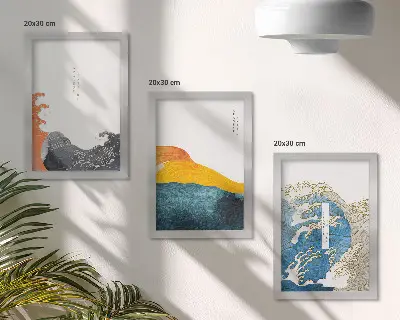 Set van ingelijste schilderijen met golven in Japanse grafische stijl