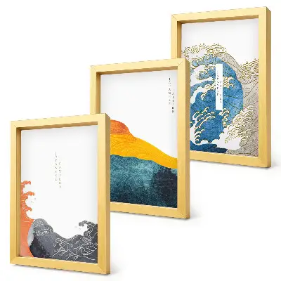 Set van ingelijste schilderijen met golven in Japanse grafische stijl