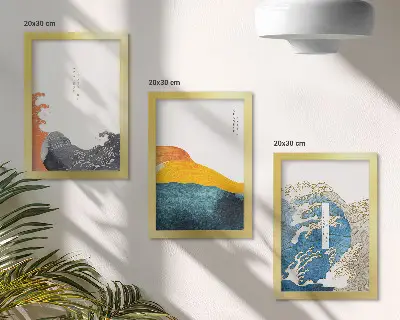 Set van ingelijste schilderijen met golven in Japanse grafische stijl