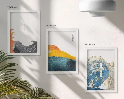 Set van ingelijste schilderijen met golven in Japanse grafische stijl