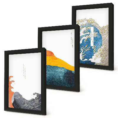 Set van ingelijste schilderijen Golven in Japanse grafische stijl