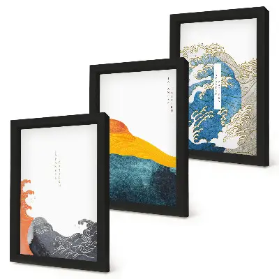 Set van ingelijste schilderijen met golven in Japanse grafische stijl