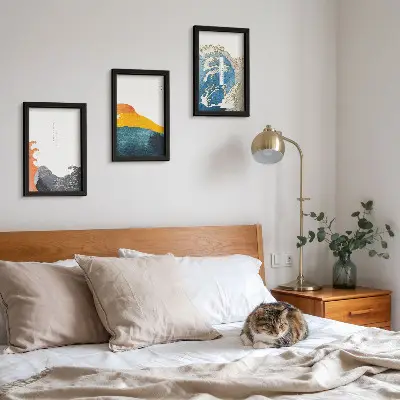 Set van ingelijste schilderijen met golven in Japanse grafische stijl