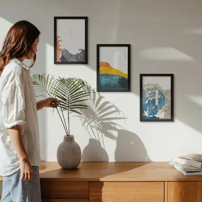 Set van ingelijste schilderijen met golven in Japanse grafische stijl
