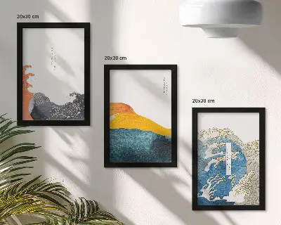Set van ingelijste schilderijen met golven in Japanse grafische stijl