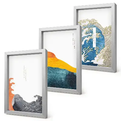 Set van ingelijste schilderijen met golven in Japanse grafische stijl