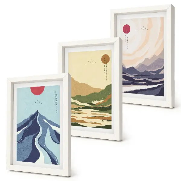 Set van ingelijste schilderijen met bergen in pastelkleuren in Japandi-stijl