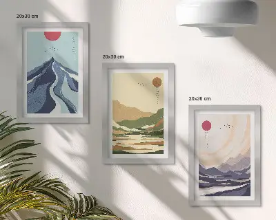 Set van ingelijste schilderijen met bergen in pastelkleuren in Japandi-stijl