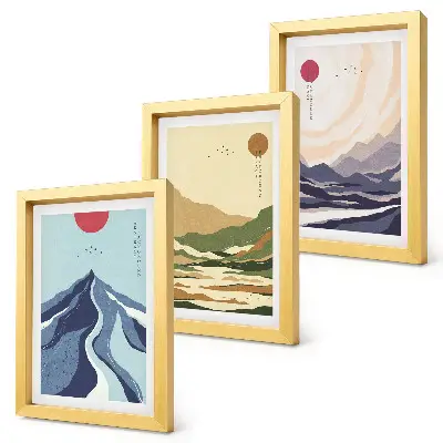 Set van ingelijste schilderijen met bergen in pastelkleuren in Japandi-stijl