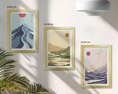 Set van ingelijste schilderijen met bergen in pastelkleuren in Japandi-stijl