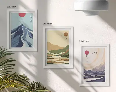 Set van ingelijste schilderijen met bergen in pastelkleuren in Japandi-stijl